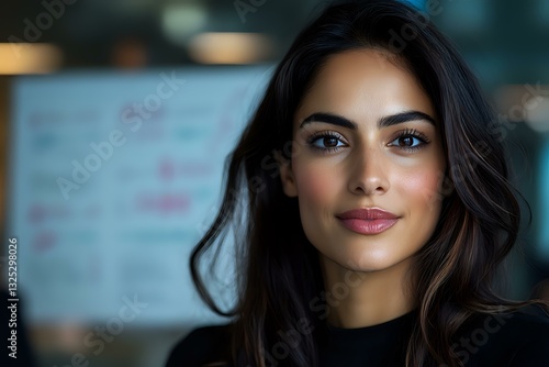 Wallpaper Mural Young Hispanic woman with long dark hair and natural makeup smiling confidently at camera. Professional headshot with soft bokeh background in office setting. Torontodigital.ca