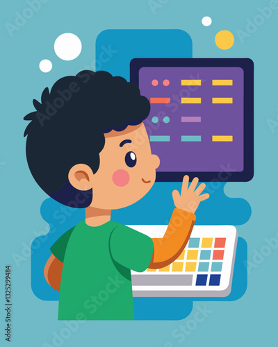 Fingers hover over the keyboard as a child carefully plans out their next line of code on the smart board eager to see their vision come to life.. Vector illustration