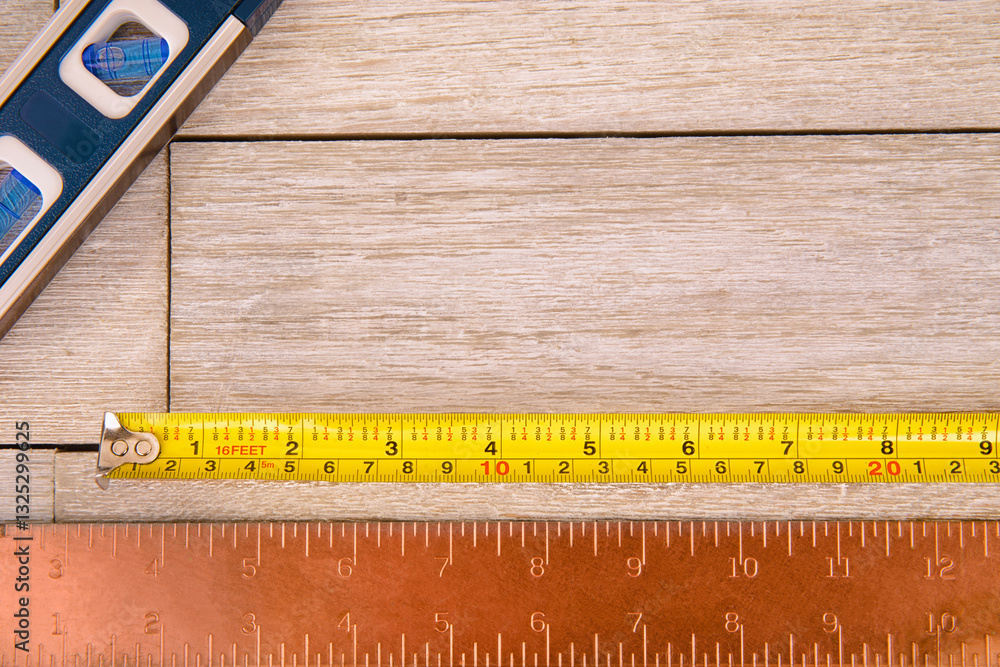 A measuring tape, a ruler, and a level tool arranged on a wooden background. Perfect for themes related to construction, carpentry, home improvement, and professional craftsmanship.