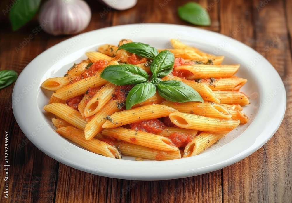 Fresh Penne Pasta with Basil and Garlic in a Rustic Setting Fresh Penne Pasta with Basil and Garlic in a Rustic Setting