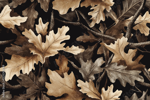 Realistic forest camouflage for hunting. Hunting Seamless pattern. Conifer tree, branches and leaves. Useable for hunting and military purposes.