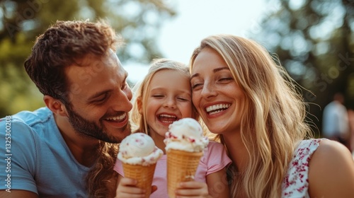 Joyful family shares ice cream treat in sunny park creating happy memory