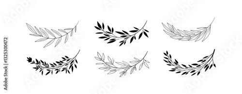 A floral botanical vector set with six elegant hand-drawn wreath with branches in black and white. Perfect for branding, logos, wedding invitations, and modern design projects.