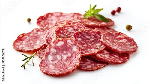 A pile of chopped salami sausage on a white background, isolate