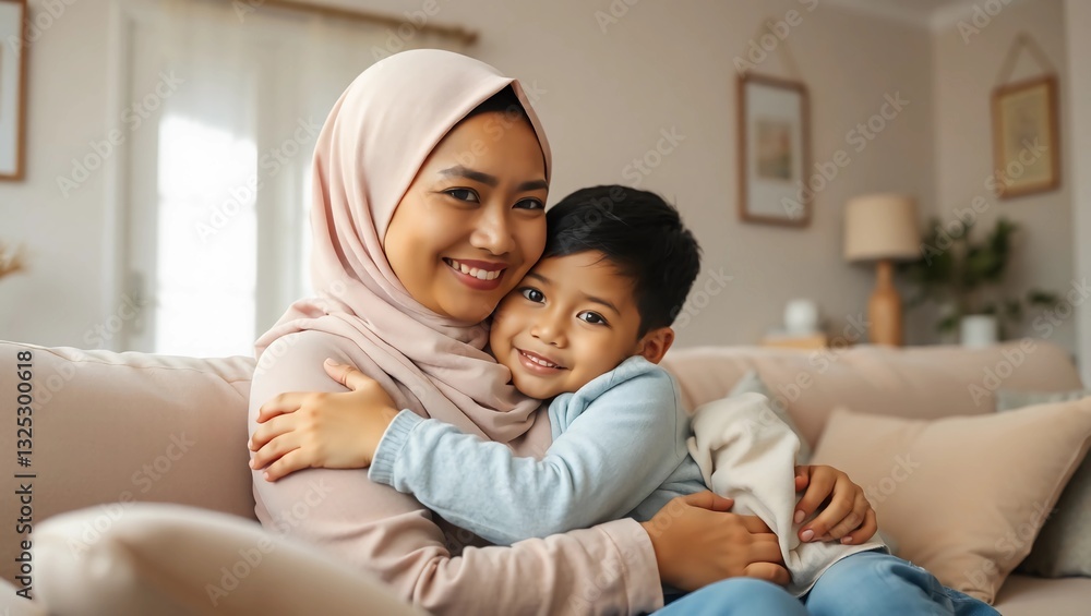 custom made wallpaper toronto digitalAsian Muslim mom embraces and son sitting on couch in living room