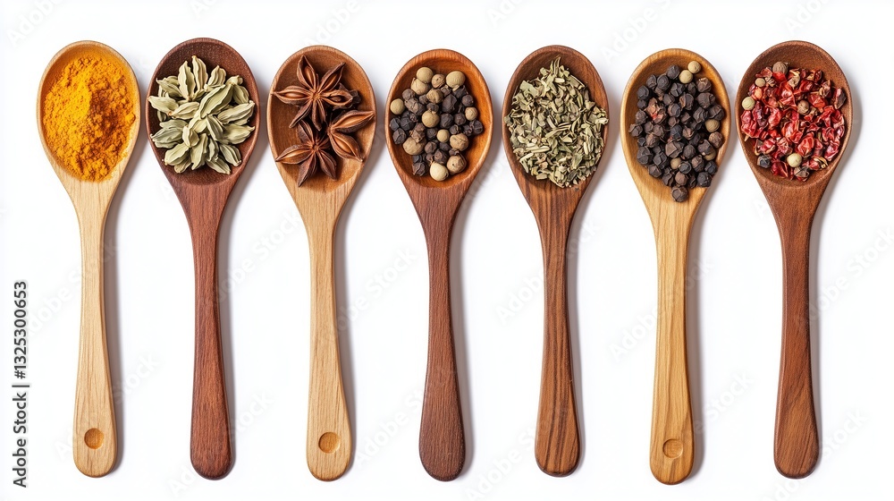 Dry spices in a wooden spoons, top view, on a white background, isolate Dry spices in a wooden spoons, top view, on a white background, isolate