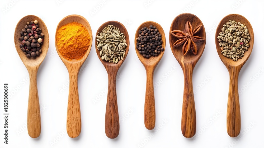 Dry spices in a wooden spoons, top view, on a white background, isolate Dry spices in a wooden spoons, top view, on a white background, isolate