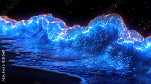 Close-up of Fluorescent Blue Water Waves on a Beach at Night - Hyper-Realistic Photography