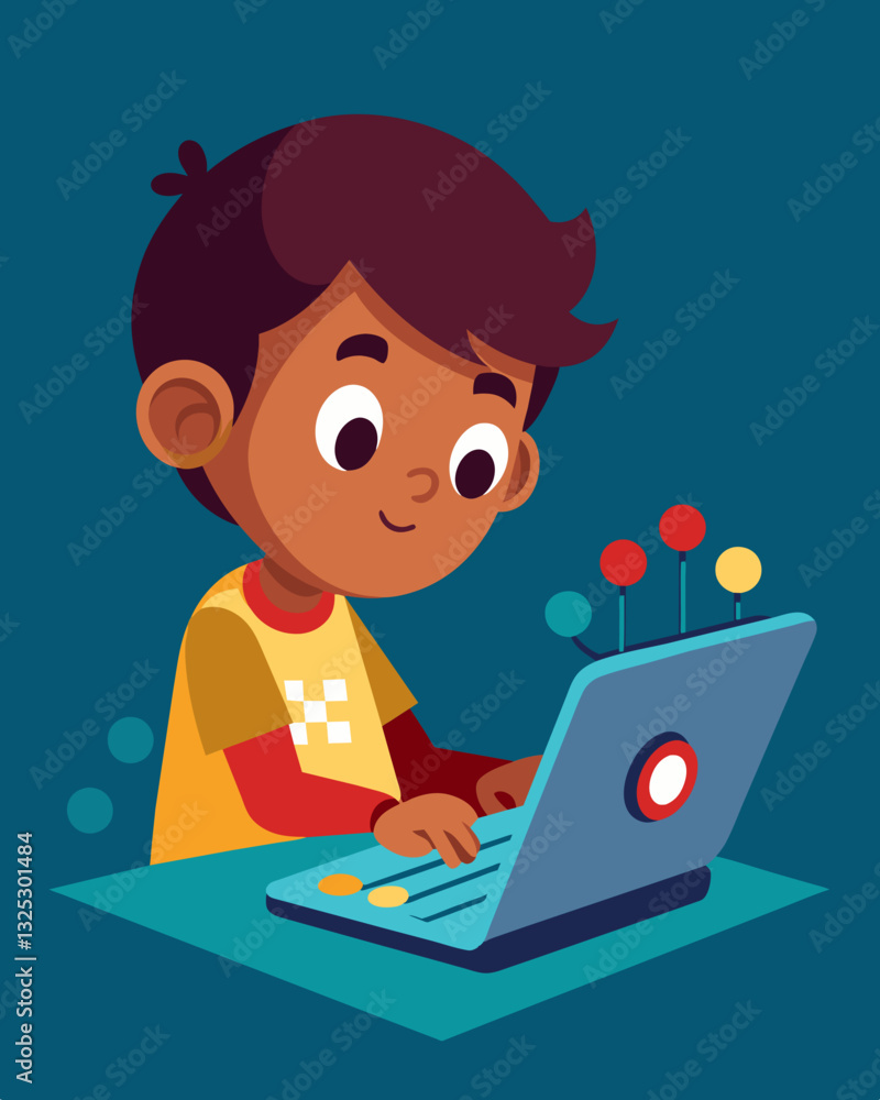 Focused and determined a child patiently works on coding their toy laptop to play a song with flashing lights.. Vector illustration Focused and determined a child patiently works on coding their toy laptop to play a song with flashing lights.. Vector illustration