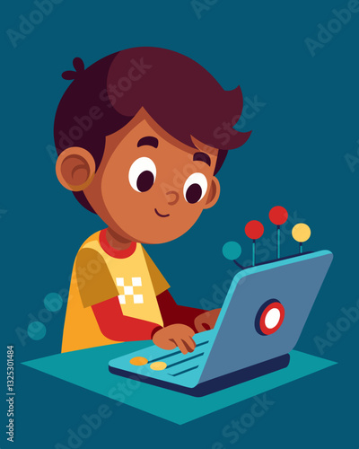 Focused and determined a child patiently works on coding their toy laptop to play a song with flashing lights.. Vector illustration