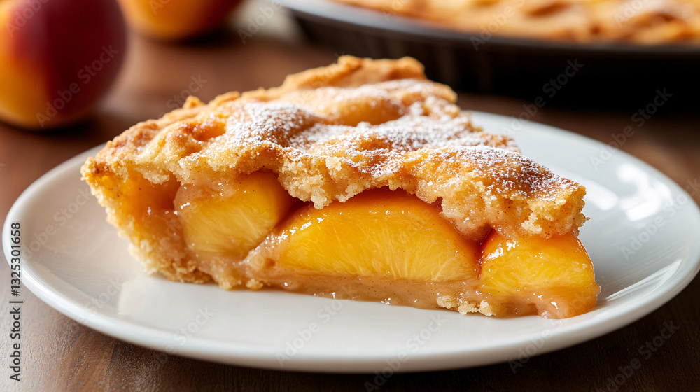 Peach Cobbler on a white dessert plate. The slice shows a moist, tender crumb with juicy, cinnamon-spiced peach filling and a golden, buttery topping