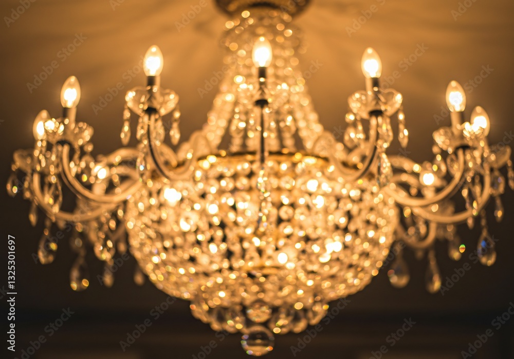 Soft-focus chandelier with crystal details sparkling in warm light Soft-focus chandelier with crystal details sparkling in warm light
