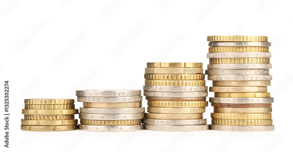 Stacks of different coins isolated on white Stacks of different coins isolated on white