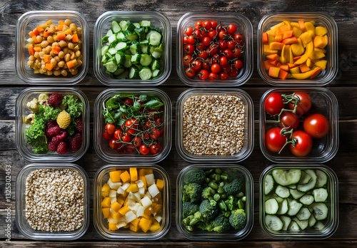 Nutrient-Packed meal prep: An overhead shot showcases an array of colorful and healthy food portions neatly arranged in clear containers.