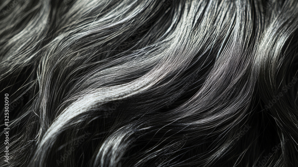 Naklejka premium Macro Shot of Silver and Dark Strands in Wavy Black Hair