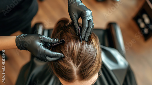 Hairdresser Applying Root Touch-Up to Dark Hair in Elegant Salon