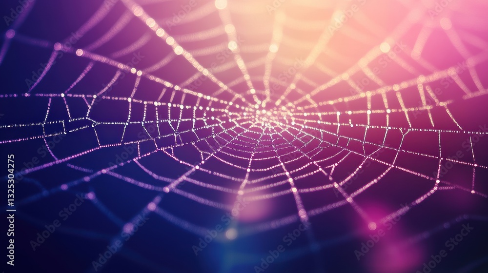 Beautiful spider web in wild field with dew in morning in Spring.