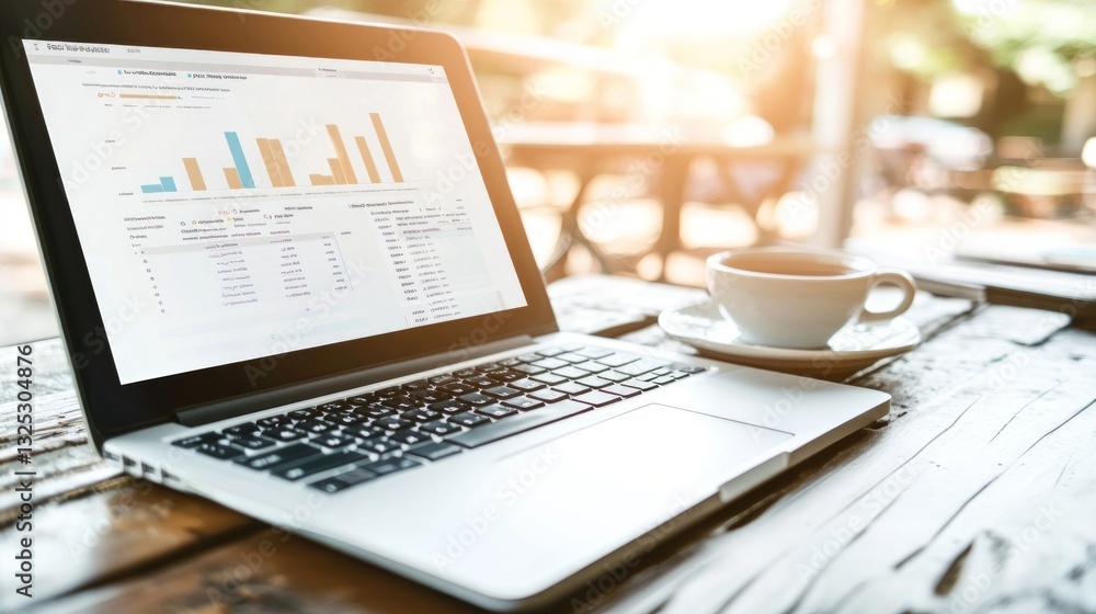 Obraz premium Laptop with Financial Graphs and Reports, Data Analysis Concept