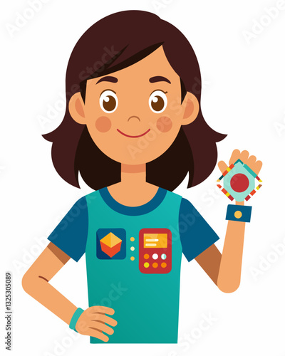 A young girl proudly shows off her custommade electronic bracelet complete with blinking lights and switches that she programmed herself.. Vector illustration