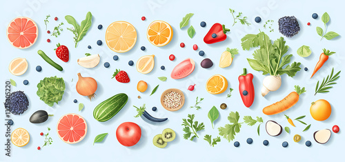 Culinary Canvas: A vibrant array of fresh, colorful fruits and vegetables artfully arranged, embodying the essence of health, natural goodness, and culinary creativity. 