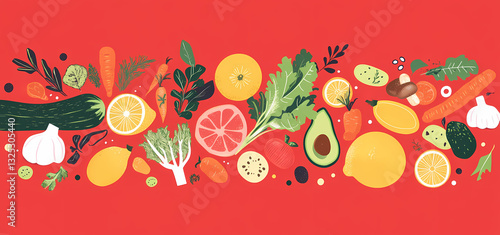 Vibrant Freshness: A colorful illustration showcases a delightful array of fruits and vegetables, bursting with health and flavor, perfect for culinary projects and wellness themes.