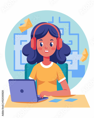 A young girl wearing a headset her hands moving swiftly in the air as she codes and creates a virtual maze for her friends to explore.. Vector illustration