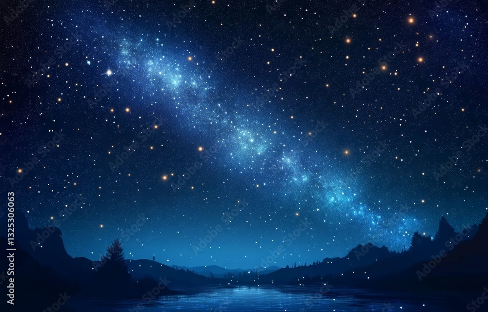 Fototapeta premium Starry Night Sky Over Calm Waters and Mountains in Distance