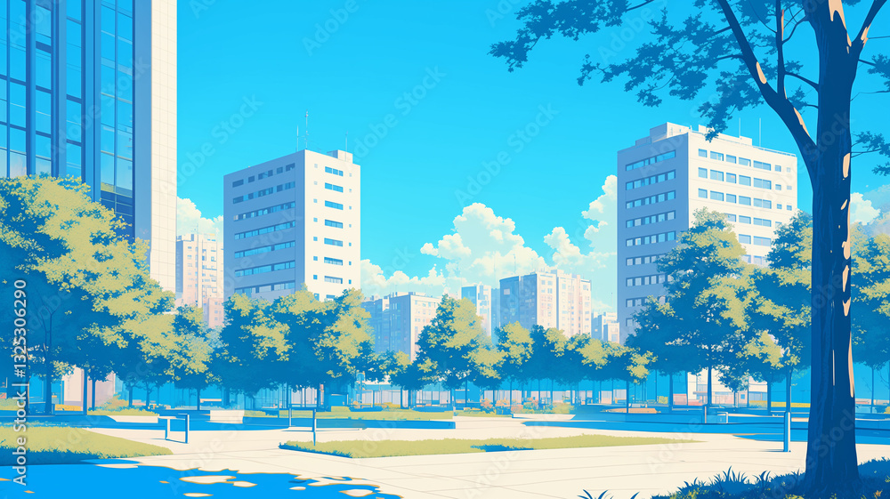 Obraz premium 夏の日差しが降り注ぐ都会の公園|木漏れ日と高層ビルが織りなす爽やかな都市風景|近代建築と豊かな緑が融合する憩いの空間