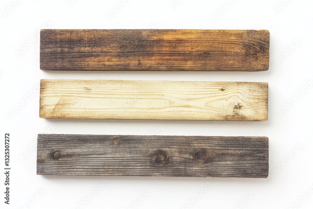 Obraz premium Comparison of Different Wood Finishes on Three Wooden Planks Set Against a White Background for Interior Design and Craft Projects