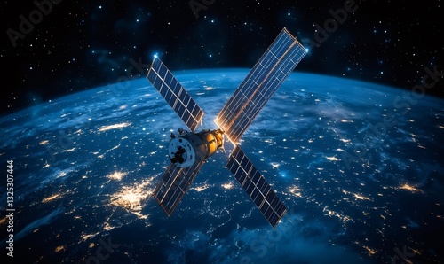 Fototapeta Naklejka Na Ścianę i Meble -  Orbital space station with large solar panels deployed, orbiting planet earth at night