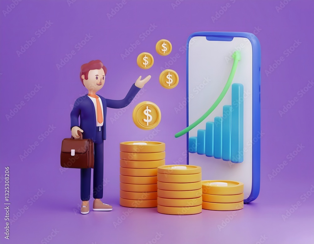 Financial inclusion, economy and technology : 3D icon of Financial literacy, young entrepreneur, digital economy. Financial inclusion, economy and technology : 3D icon of Financial literacy, young entrepreneur, digital economy.
