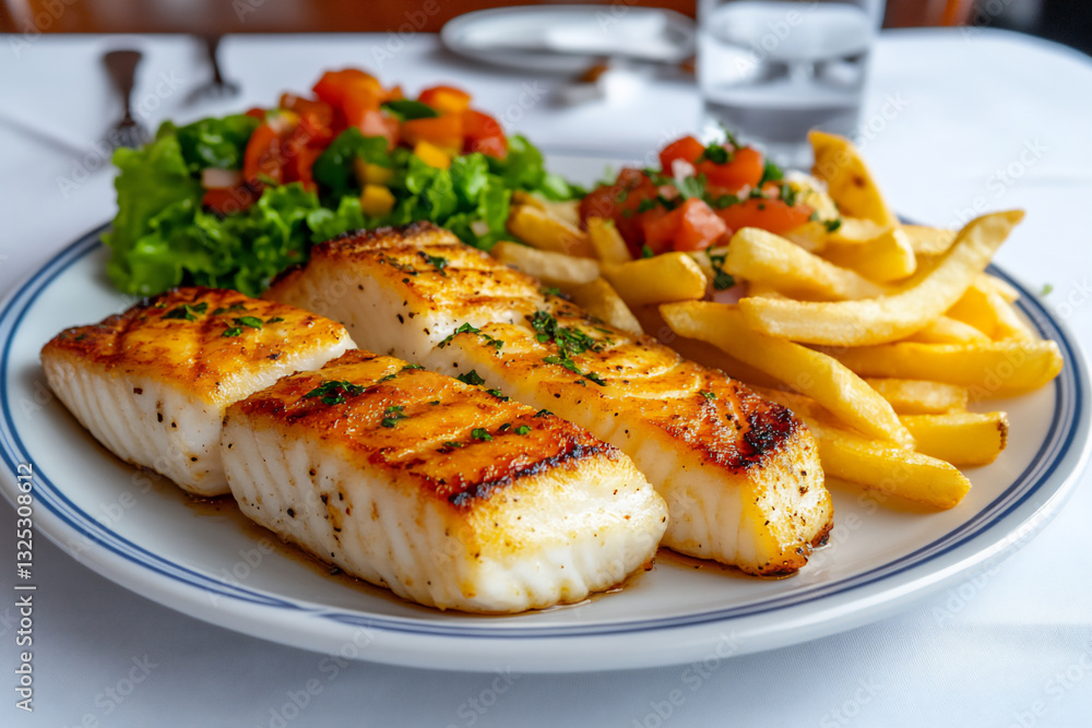photo of: a plate with two grilled fillets of halibut, photo of: a plate with two grilled fillets of halibut,