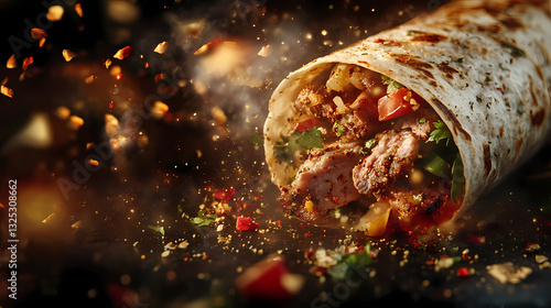 Flavor Explosion: A close-up shot of a tantalizing burrito, bursting with colorful ingredients. Capturing the deliciousness of this popular food item.