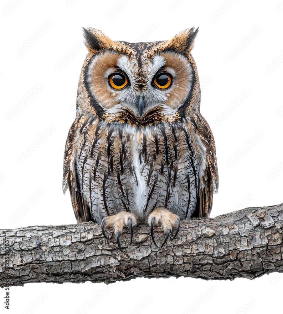 Majestic Great Horned Owl Perched on Tree Branch with Piercing Yellow Eyes and Detailed Feather Pattern, Night Bird Portrait, Isolated on Transparent and White Background Majestic Great Horned Owl Perched on Tree Branch with Piercing Yellow Eyes and Detailed Feather Pattern, Night Bird Portrait, Isolated on Transparent and White Background
