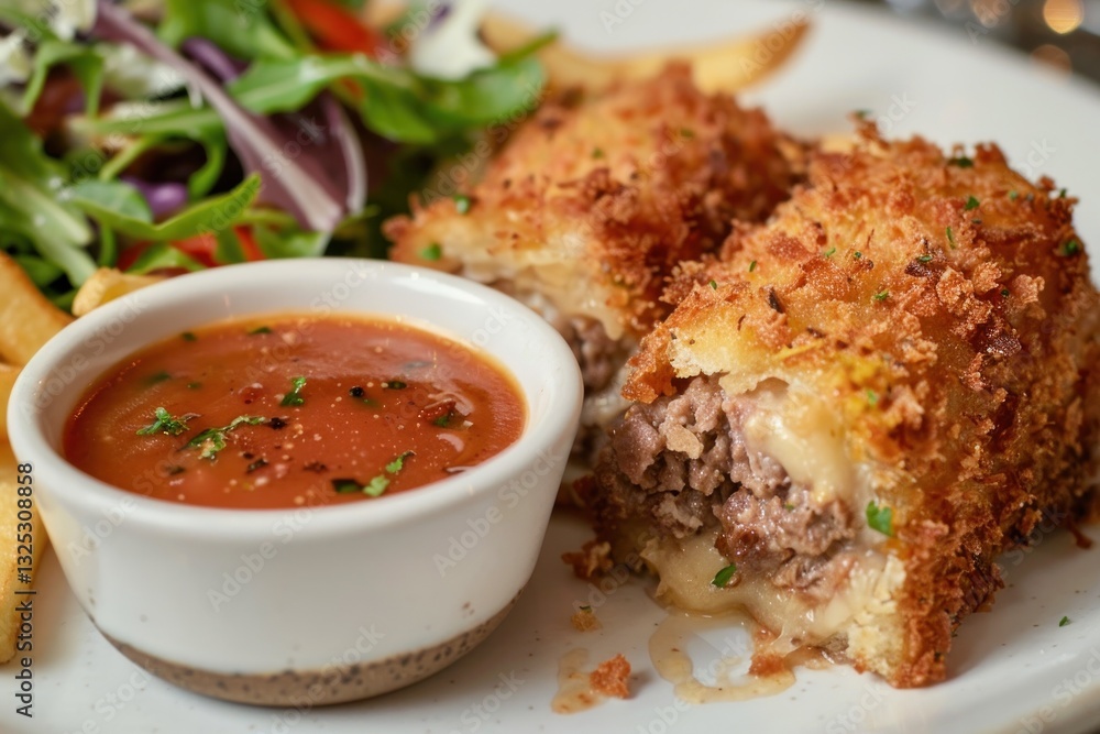 Crispy Fried Patty with Melted Cheese Served with Fresh Salad and Tomato Sauce for a Tasty Meal Crispy Fried Patty with Melted Cheese Served with Fresh Salad and Tomato Sauce for a Tasty Meal