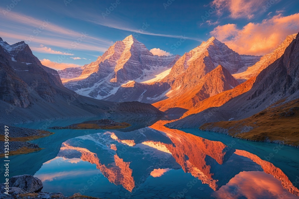 Obraz premium Breathtaking Sunrise Over Majestic Mountains with Colorful Lakes and Sparkling Reflections