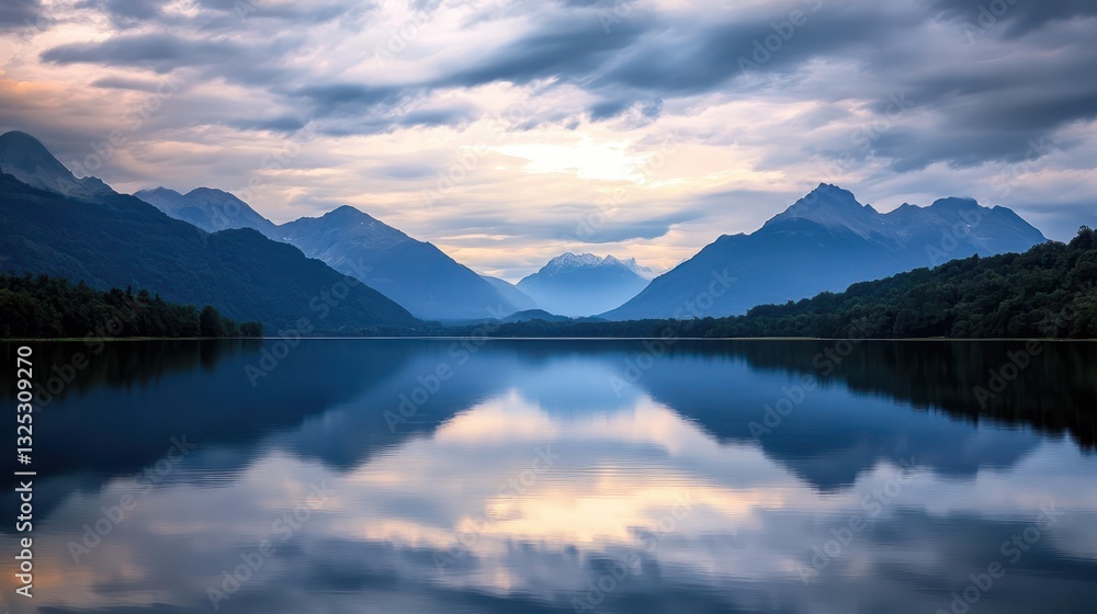 Mountainous landscape and reflective lake surface under a cloudy sky Mountainous landscape and reflective lake surface under a cloudy sky