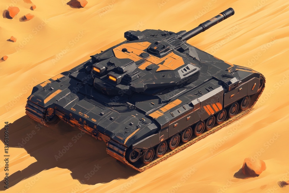 A modern military tank is located on a sandy desert A modern military tank is located on a sandy desert