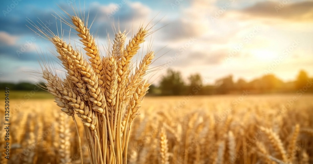 Fototapeta premium Golden Wheat Field Under a Dramatic Sky with Sunlight Shining Through Clouds at Sunset