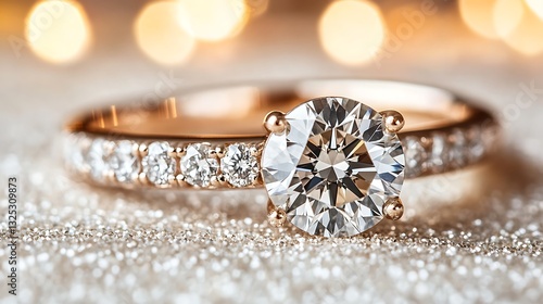 Diamond ring on sparkling surface, celebration