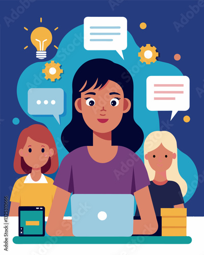 In the midst of a coding challenge a teenage girl looks up from her screen to exchange ideas and solutions with a group of her peers each bringing a different perspective to the. Vector illustration