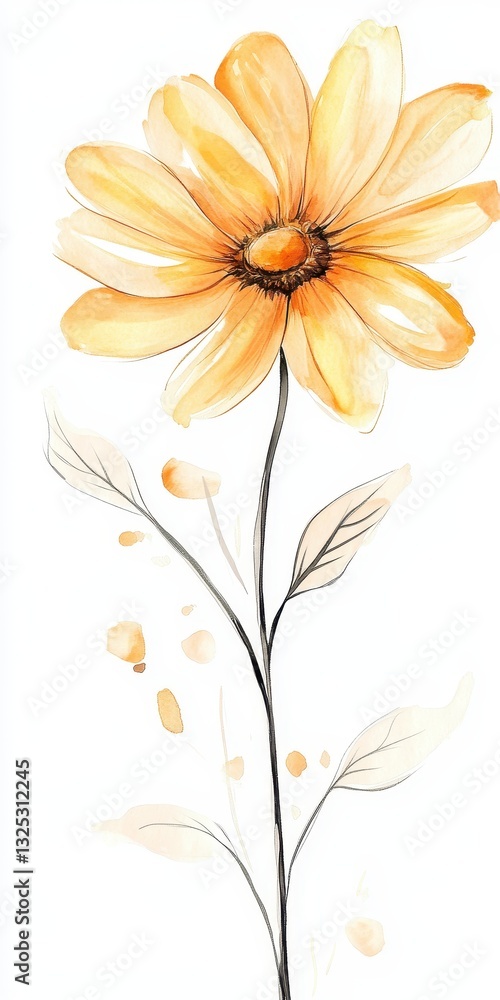 Fototapeta premium Delicate Yellow Watercolor Flower with Black Stem on White
