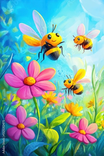 Bee and flowers in Spring.
