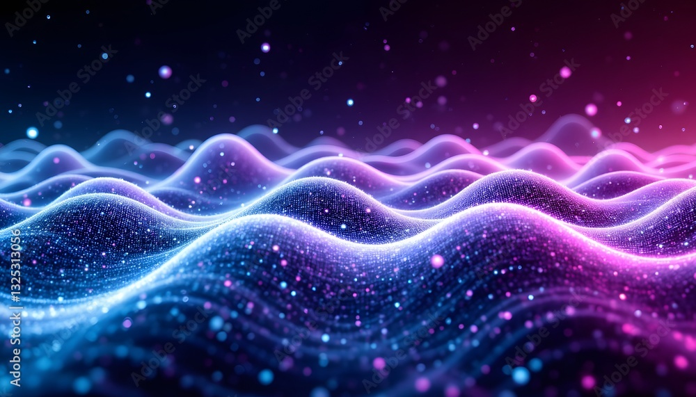 A mesmerizing digital representation showcasing a futuristic cyberspace filled with abstract waves, dots, lines, and moving white particles on a colorful background in a stunning 3D rendering. A mesmerizing digital representation showcasing a futuristic cyberspace filled with abstract waves, dots, lines, and moving white particles on a colorful background in a stunning 3D rendering.