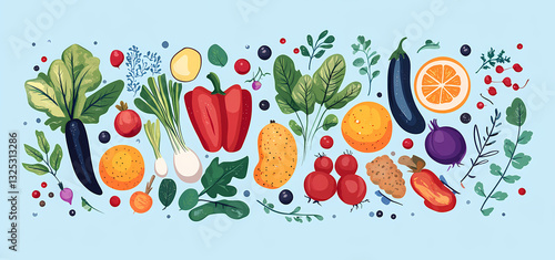 Vibrant Vegetarian Bounty: A captivating flat-lay composition showcasing an array of fresh, colorful vegetables and fruits, radiating health and culinary inspiration.