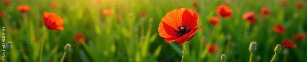 Overhead view of vibrant red poppy, green grass backdrop, daylight, color Overhead view of vibrant red poppy, green grass backdrop, daylight, color
