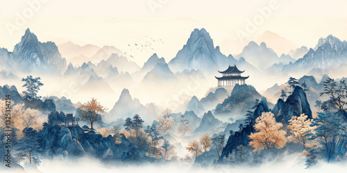 Traditional Chinese style of minimalist landscape painting art background
