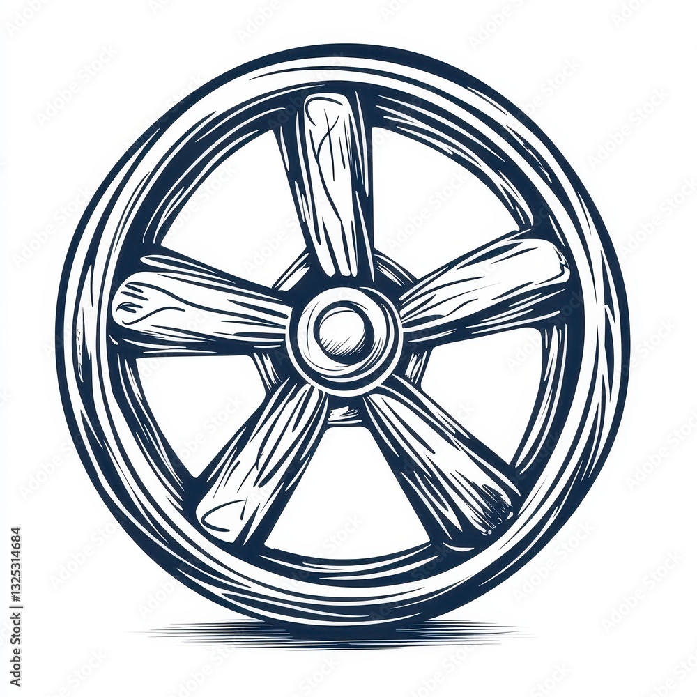 Obraz premium Hand Drawn Illustration of Rustic Wooden Wheel with Five Spokes