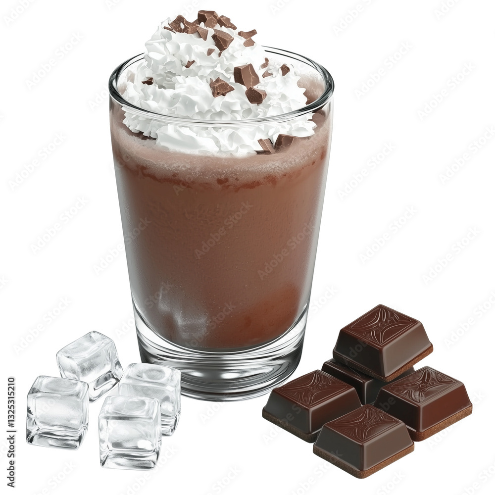 Iced Chocolate Drink with Whipped Cream and Chocolate Pieces Ice Cubes Iced Chocolate Drink with Whipped Cream and Chocolate Pieces Ice Cubes