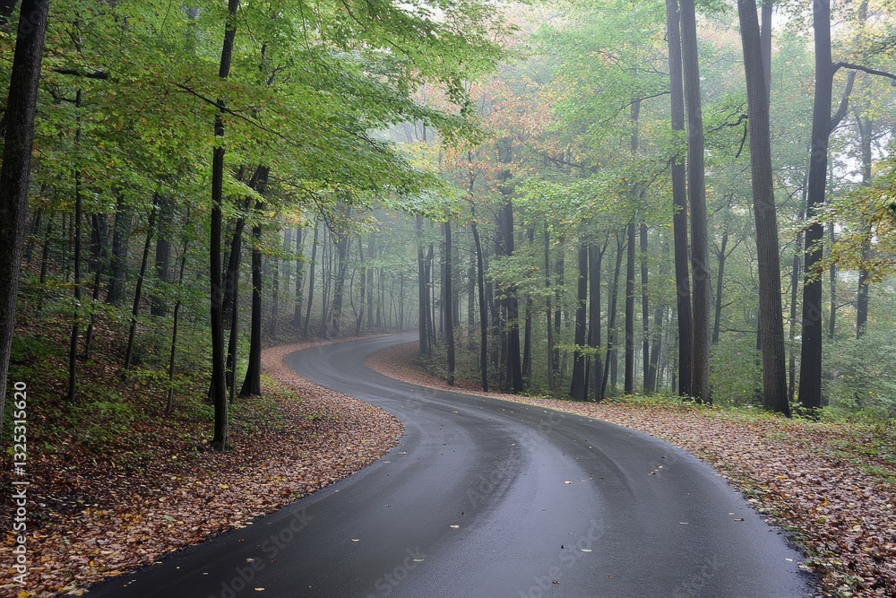 Obraz premium Misty forest road winding through autumn trees